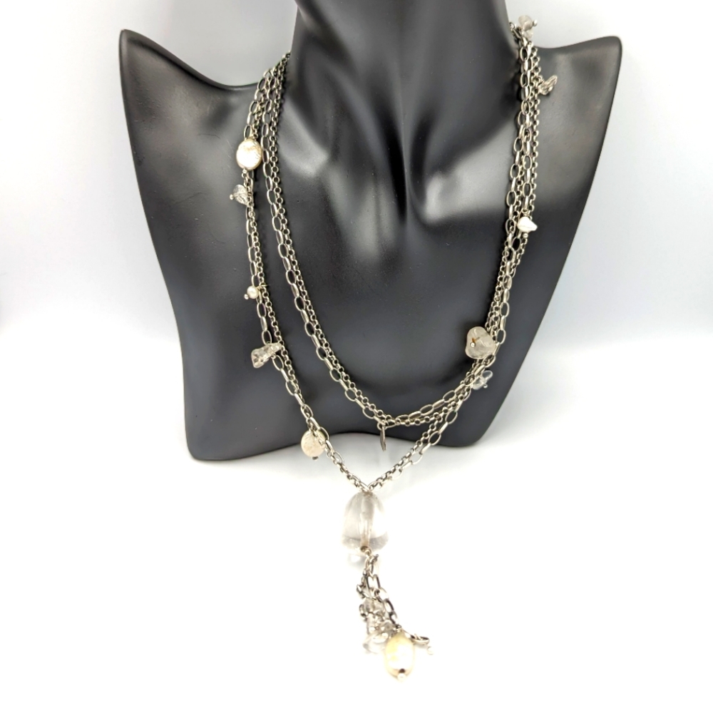 Long SILPADA Sterling Silver Freshwater Pearl Crystal Tassel Necklace 35"